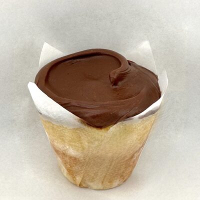 Vanilla cupcake with dark chocolate satin frosting.