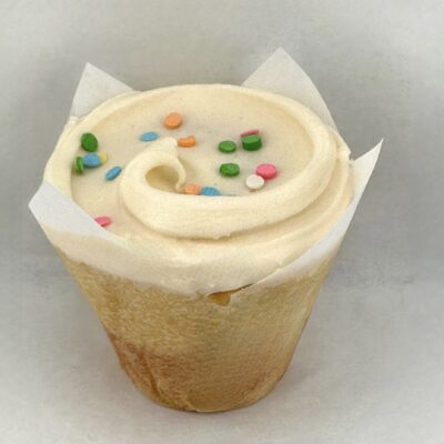 baked and wired vanilla cupcake with vanilla buttercream and rainbow sprinkles